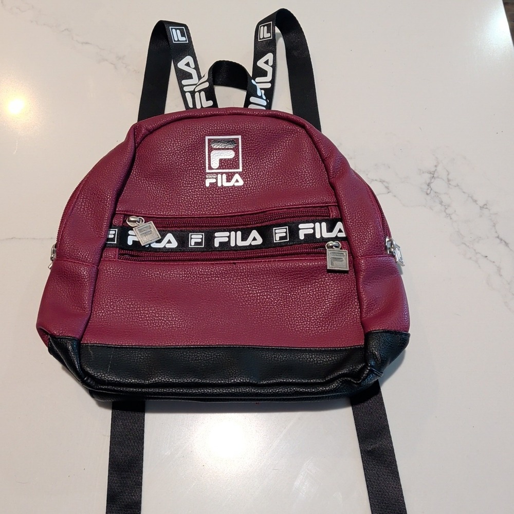 Fila Faux Leather Mini Backpack Purse Bag Red/Black 3-Compartments
